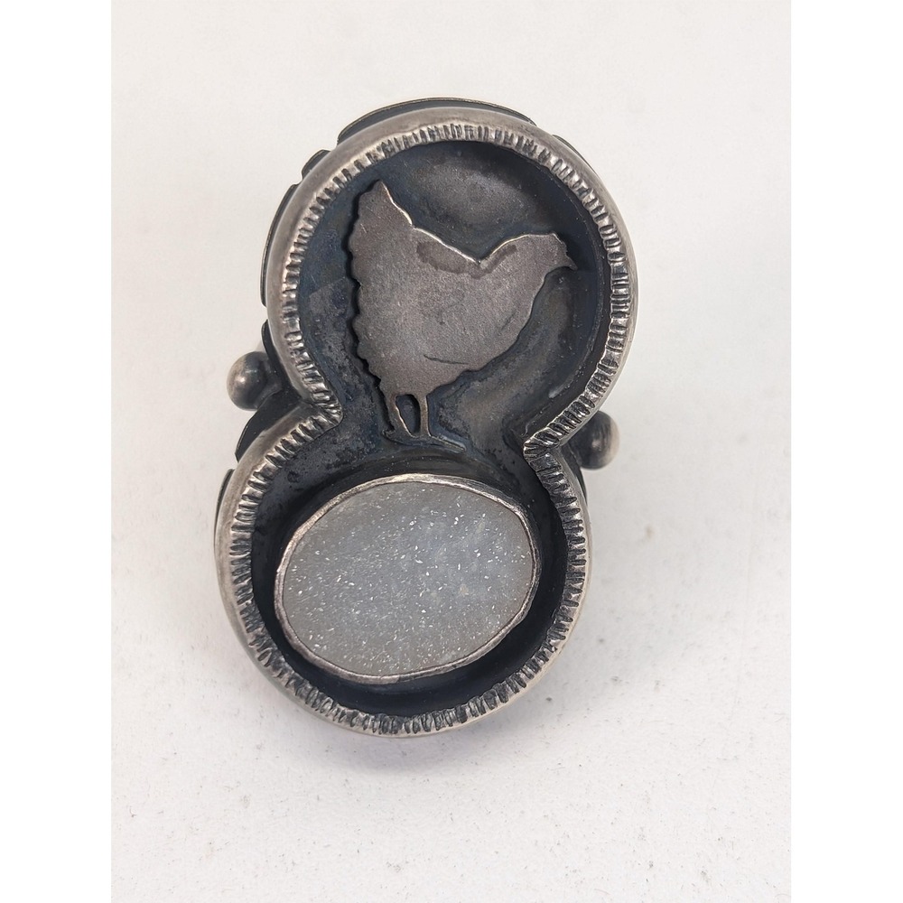 Rosy Revolver Chicken Ring Drusy Quartz Oval Silver Tone Statement Size 6.5
